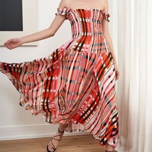 La Line Red Striped Silk Smocked Off the Shoulder Midi Dress